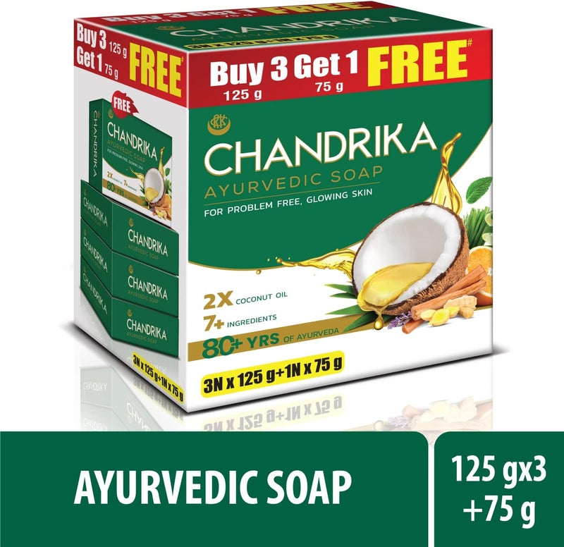 Chandrika Ayurvedic Soap - Buy 3 Get 1 Free, 4 Soaps (3 x 125g + 1 x 75g) for Glowing Skin - Image 2