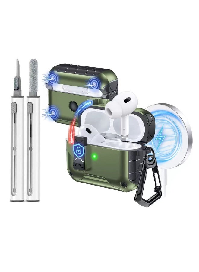for AirPods Pro 3 stand protective case, comes with a cleaning kit and carabiner, built-in magnet AirPods Pro 3 protective shell, one-button automatic open and close, full-body drop protection design, supports wired and wireless charging. BGreen - Image 1