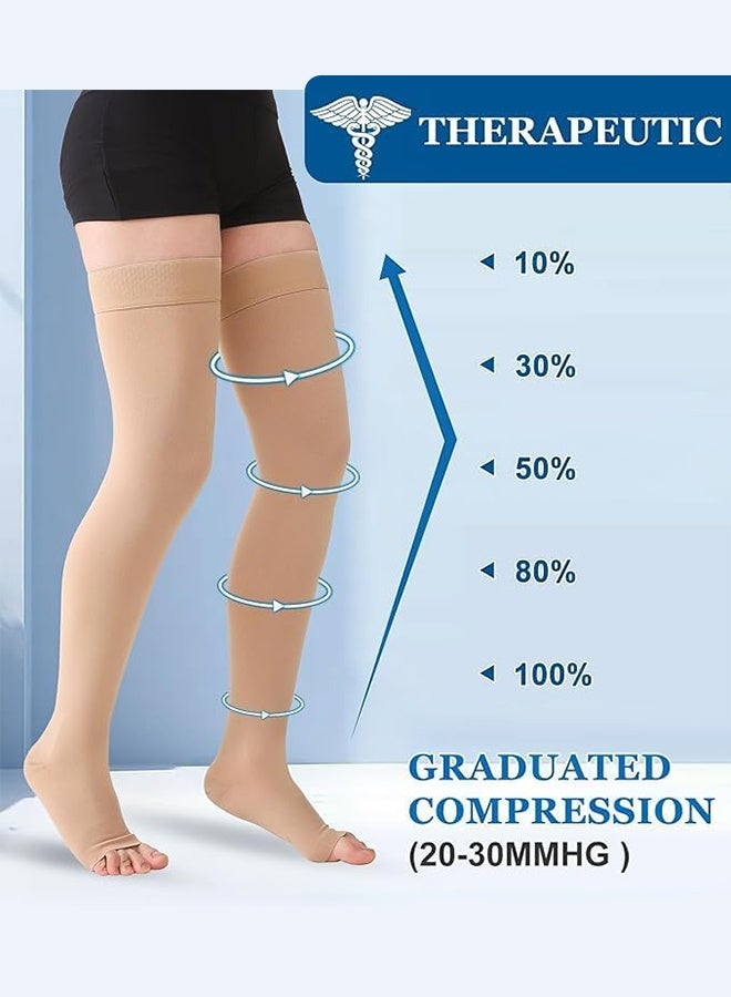 2 Pair Medical Compression Stockings for Women and Men Thigh High Dot-Top Open Toe Socks for Varicose Vein Swollen legs Travel Flight Pregnant (Beige, Black) - Image 2
