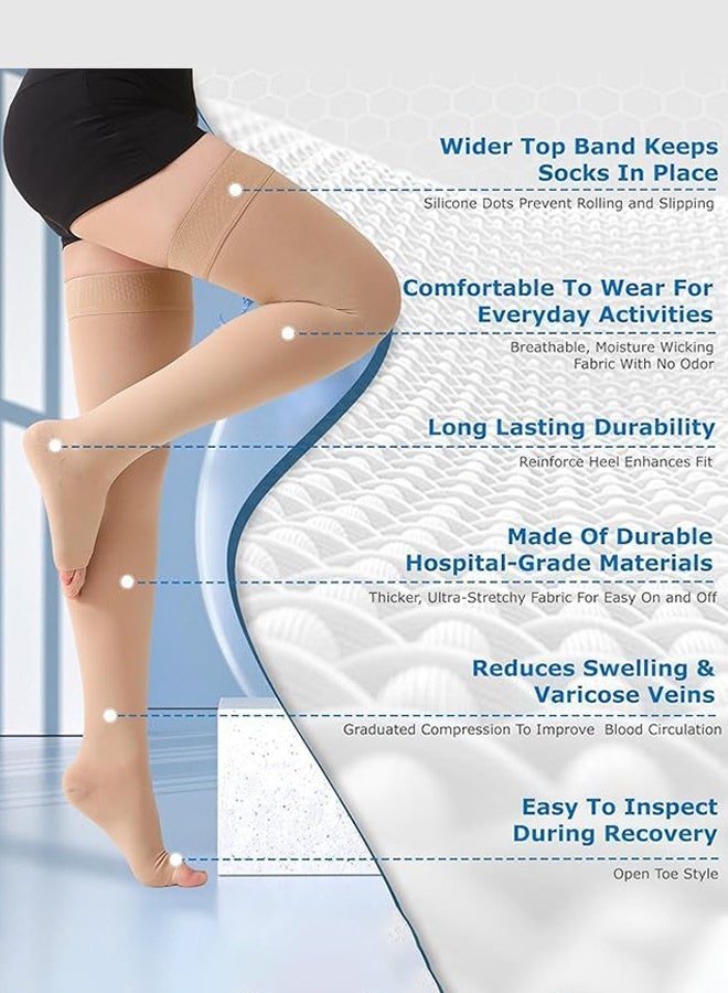2 Pair Medical Compression Stockings for Women and Men Thigh High Dot-Top Open Toe Socks for Varicose Vein Swollen legs Travel Flight Pregnant (Beige, Black) - Image 3