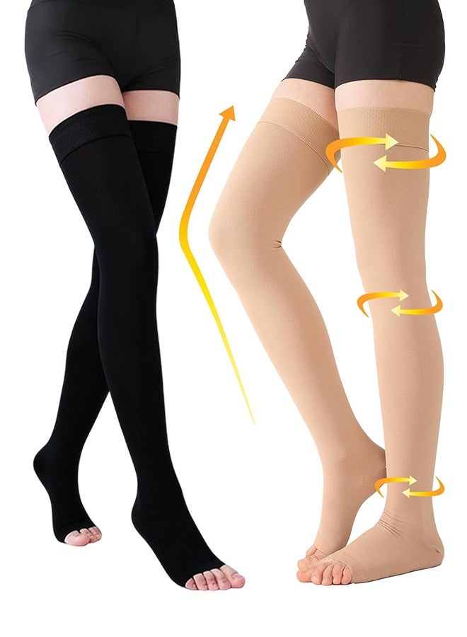 2 Pair Medical Compression Stockings for Women and Men Thigh High Dot-Top Open Toe Socks for Varicose Vein Swollen legs Travel Flight Pregnant (Beige, Black) - Image 1