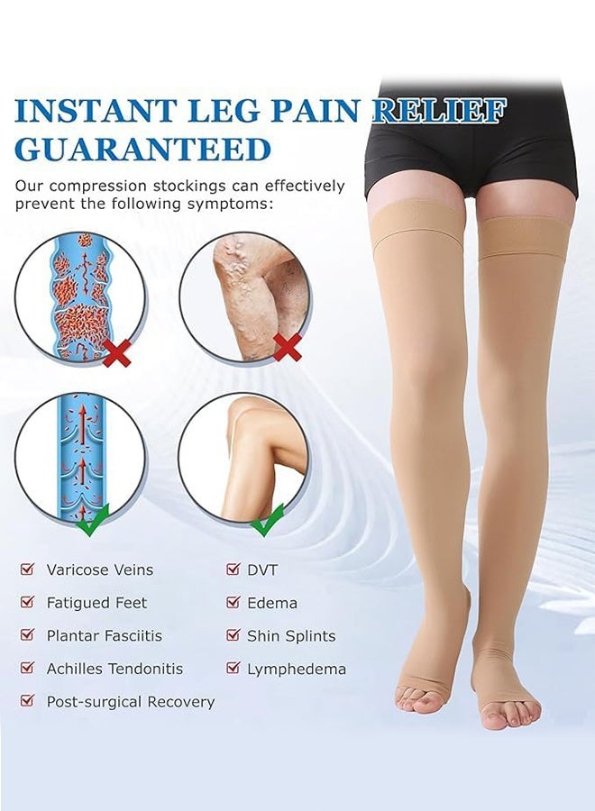 2 Pair Medical Compression Stockings for Women and Men Thigh High Dot-Top Open Toe Socks for Varicose Vein Swollen legs Travel Flight Pregnant (Beige, Black) - Image 4