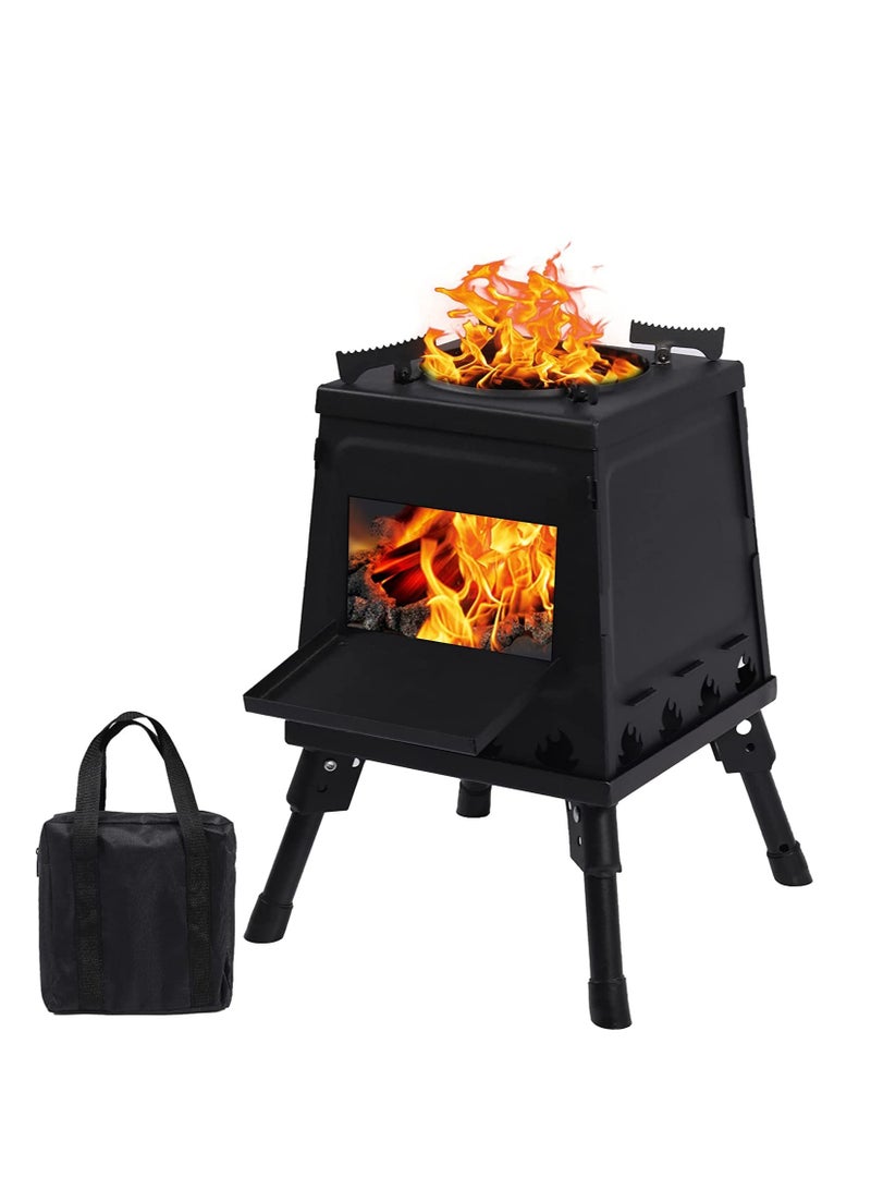 Arabest Burning Camp Stove, Folding Cast Iron Camping Wood Stove with Carrying Case Portable for Backpacking Outdoor Cooking BBQ, Black, Small  - Image 1