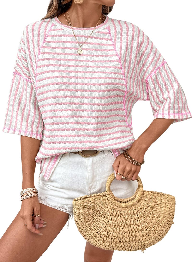 Dokotoo Women's T-Shirts Spring Summer Tops Oversized T Shirts for Women Crewneck 3/4 Sleeve Texture Casual Lightweight Knit Loose Relaxed Fit Stretchy Basic Tees Boho Chic Clothing Pink Medium - Image 1