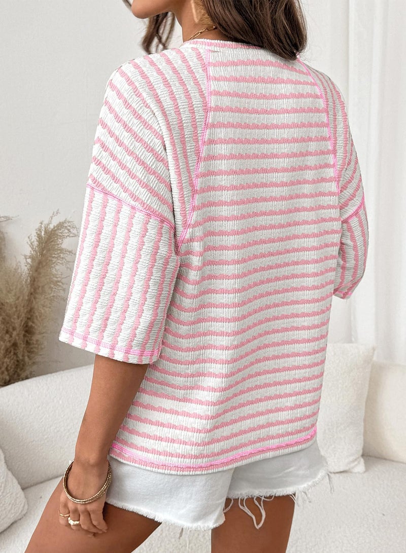 Dokotoo Women's T-Shirts Spring Summer Tops Oversized T Shirts for Women Crewneck 3/4 Sleeve Texture Casual Lightweight Knit Loose Relaxed Fit Stretchy Basic Tees Boho Chic Clothing Pink Medium - Image 2