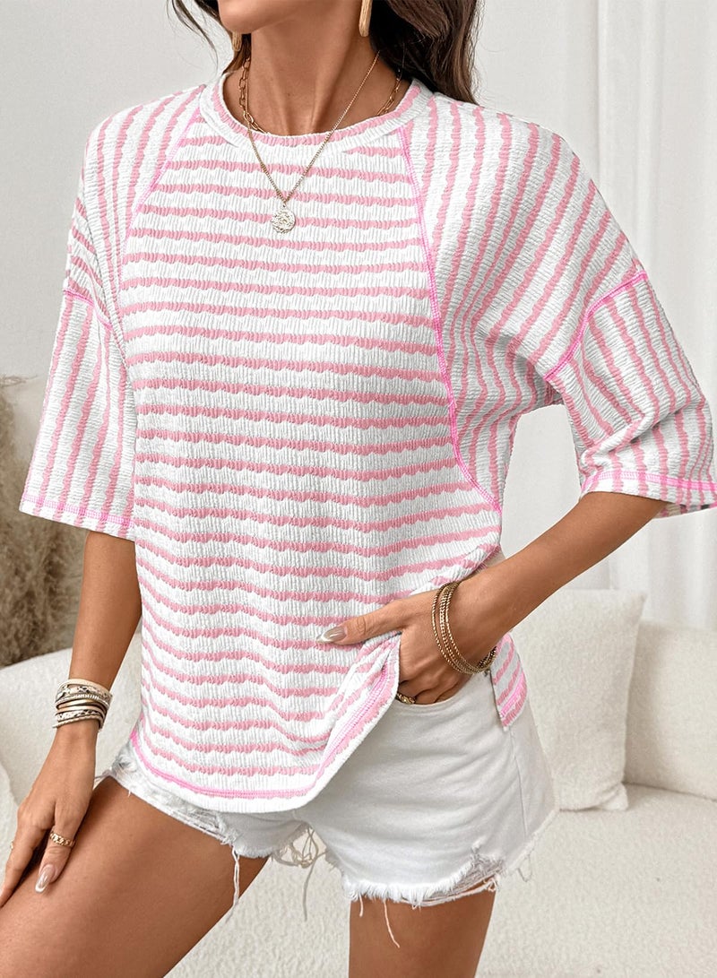 Dokotoo Women's T-Shirts Spring Summer Tops Oversized T Shirts for Women Crewneck 3/4 Sleeve Texture Casual Lightweight Knit Loose Relaxed Fit Stretchy Basic Tees Boho Chic Clothing Pink Medium - Image 3