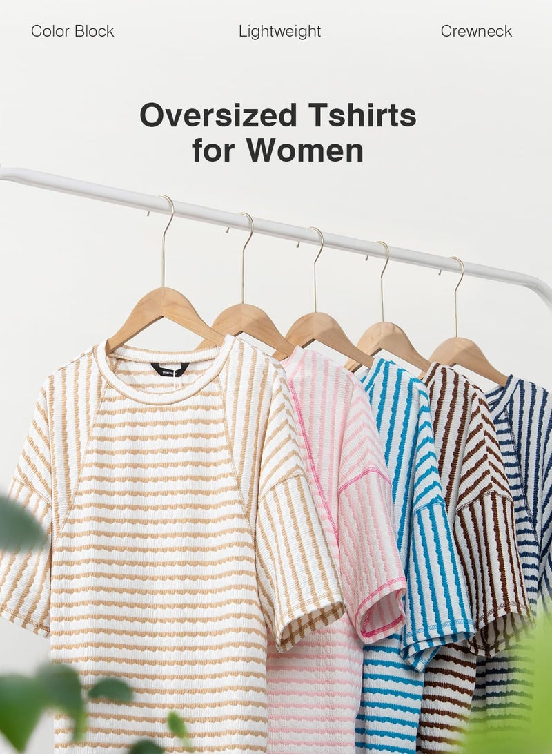 Dokotoo Women's T-Shirts Spring Summer Tops Oversized T Shirts for Women Crewneck 3/4 Sleeve Texture Casual Lightweight Knit Loose Relaxed Fit Stretchy Basic Tees Boho Chic Clothing Pink Medium - Image 5
