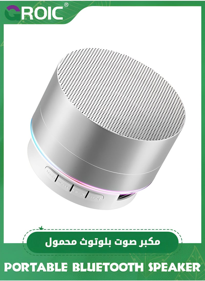 GROIC - Portable Bluetooth Speaker, Wireless Bluetooth Speaker with LED Lights, Wireless Speaker with HD Sound Support TF Card, AUX Audio, Mini Speaker for In/Outdoor, Home, BBQ, Beach and Travel (Silver) - Image 1