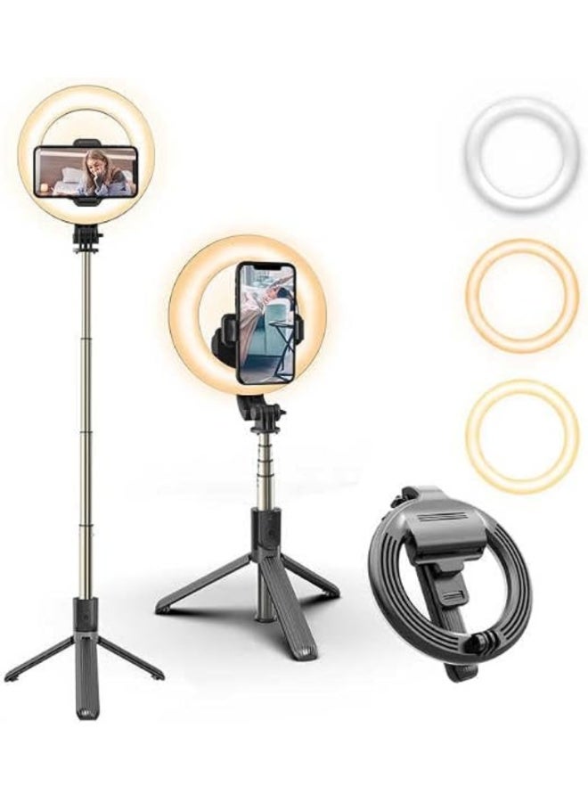 Selfie Stick with LED Ring Light with Tripod Stand, Adjustable, 3 Colour Modes, USB Charging, 1200mAh Battery, Phone Holder, for Selfie & Live Streaming | WIDGETS MATRIX - Image 1