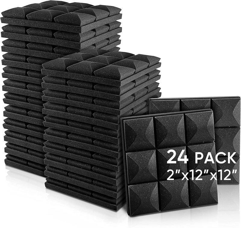 Fstop Labs Acoustic Foam Panels, 24 Pack Black 2'' X 12" X 12" Mushroom Studio Wedge Tiles, Sound Panels Sound Proof Foam Panels Sound Proofing Padding For Wall - Image 1