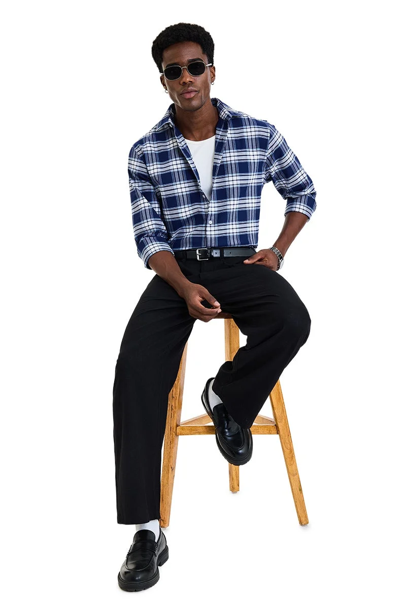 SNITCH Navy Blue Checkered Long Sleeve Regular Fit Casual Shirt