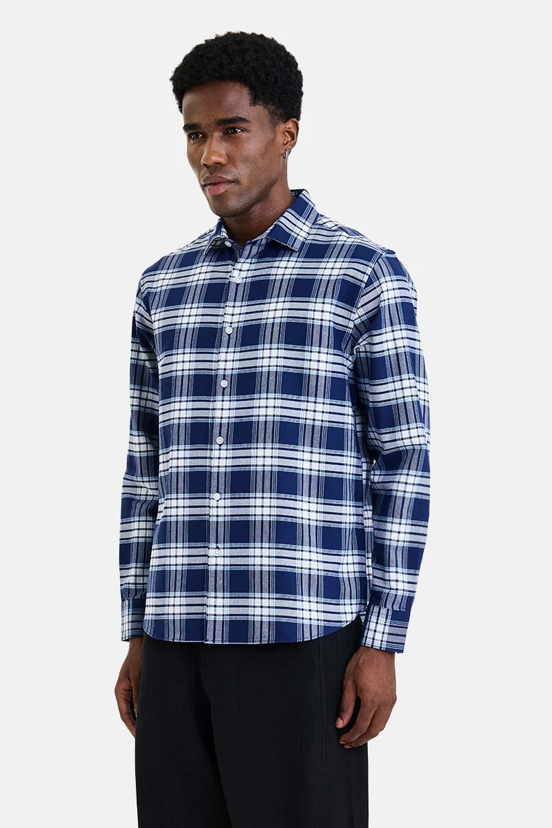 SNITCH Navy Blue Checkered Long Sleeve Regular Fit Casual Shirt
