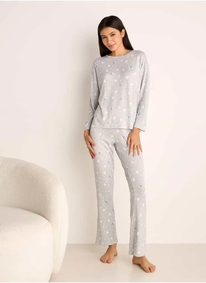 FAV Printed Long Sleeve T-shirt and Elasticated Pyjama Set