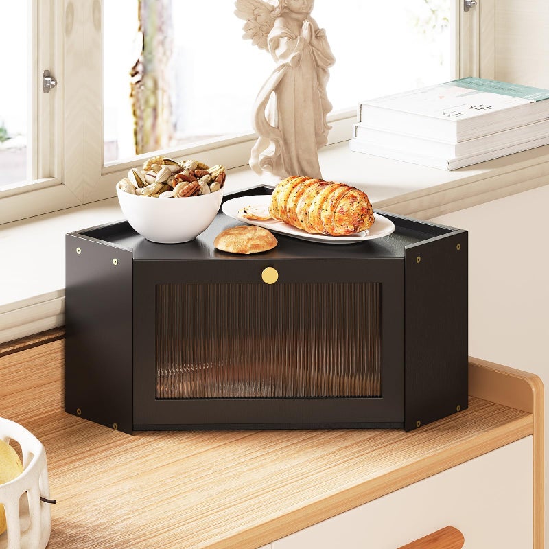 Trironsun Corner Bamboo Bread Box for Kitchen Counter Large Capacity Rustic Bread Storage Container with Wavy Arcylic Transparent Door Vintage Storage for Homemade Bread (Black) - Image 3