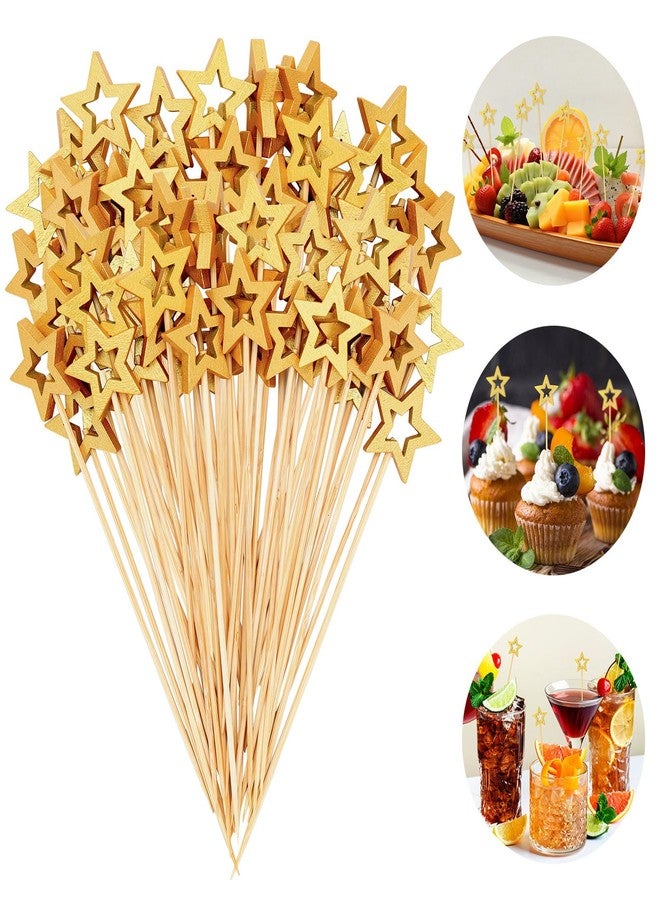 KINYFY 100 Pcs Gold Star Toothpicks, 4.72 Inch Gold Star Cocktail Picks for Appetizers, Long Bamboo Toothpicks, Decorative Toothpicks Skewers for Holiday Birthday Party Decorations (Gold Star) - Image 1
