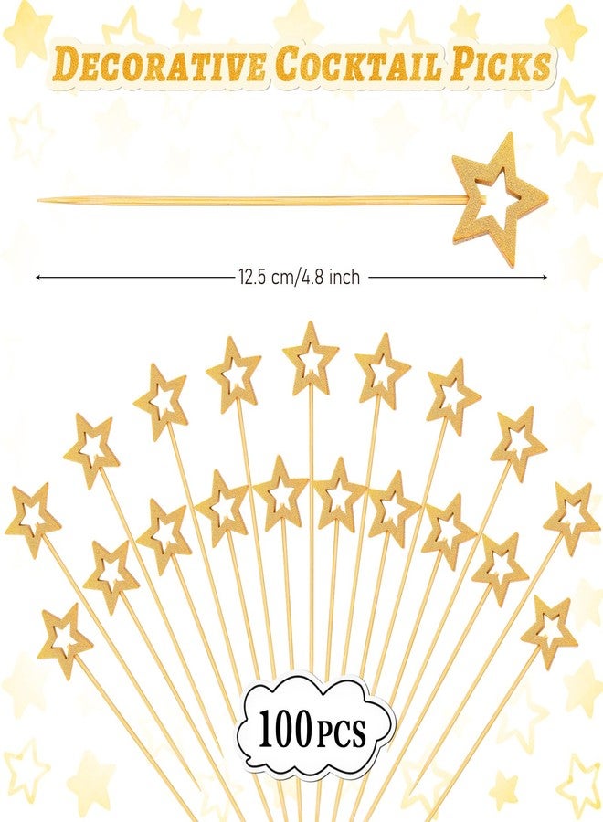 KINYFY 100 Pcs Gold Star Toothpicks, 4.72 Inch Gold Star Cocktail Picks for Appetizers, Long Bamboo Toothpicks, Decorative Toothpicks Skewers for Holiday Birthday Party Decorations (Gold Star) - Image 2