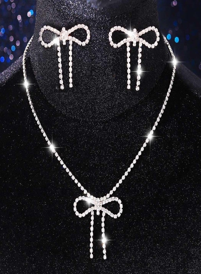 جورايس طقم مجوهرات زفاف من GORAIS مرصع بأحجار الراين على شكل فيونكة، طقم فضي مكون من قلادة وأقراط، مجوهرات أنيقة لحفلات الزفاف والمناسبات الخاصة بالنساء والعرائس - Image 2