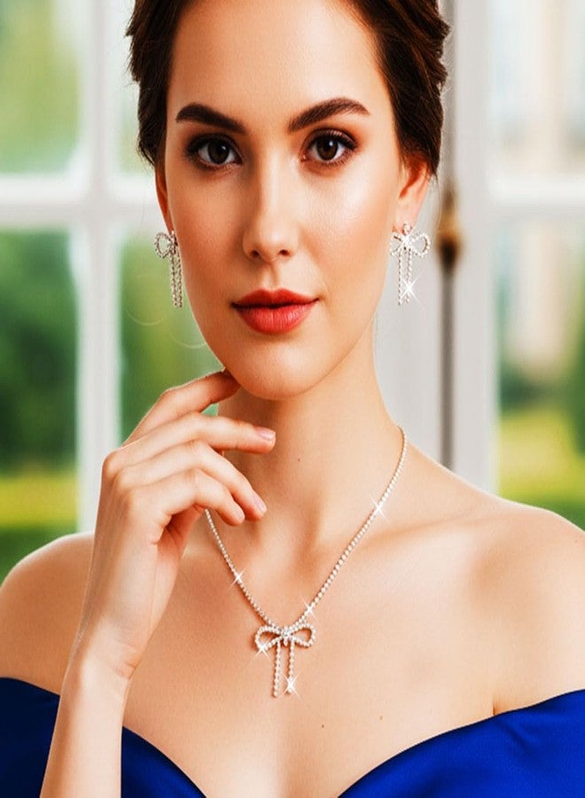 جورايس طقم مجوهرات زفاف من GORAIS مرصع بأحجار الراين على شكل فيونكة، طقم فضي مكون من قلادة وأقراط، مجوهرات أنيقة لحفلات الزفاف والمناسبات الخاصة بالنساء والعرائس - Image 4