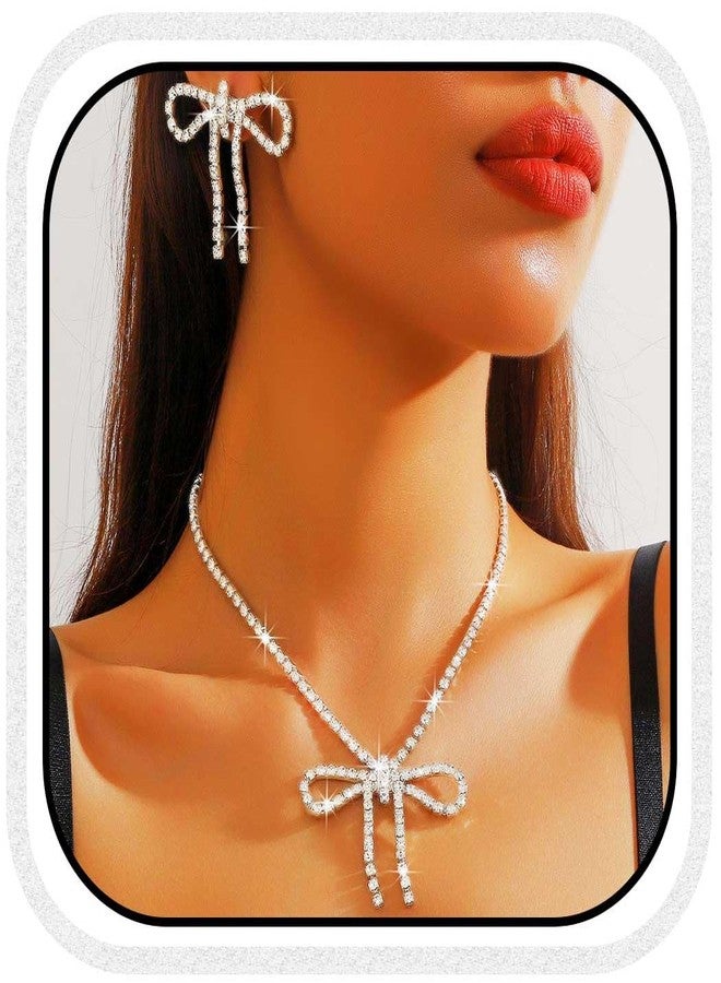 جورايس طقم مجوهرات زفاف من GORAIS مرصع بأحجار الراين على شكل فيونكة، طقم فضي مكون من قلادة وأقراط، مجوهرات أنيقة لحفلات الزفاف والمناسبات الخاصة بالنساء والعرائس - Image 1