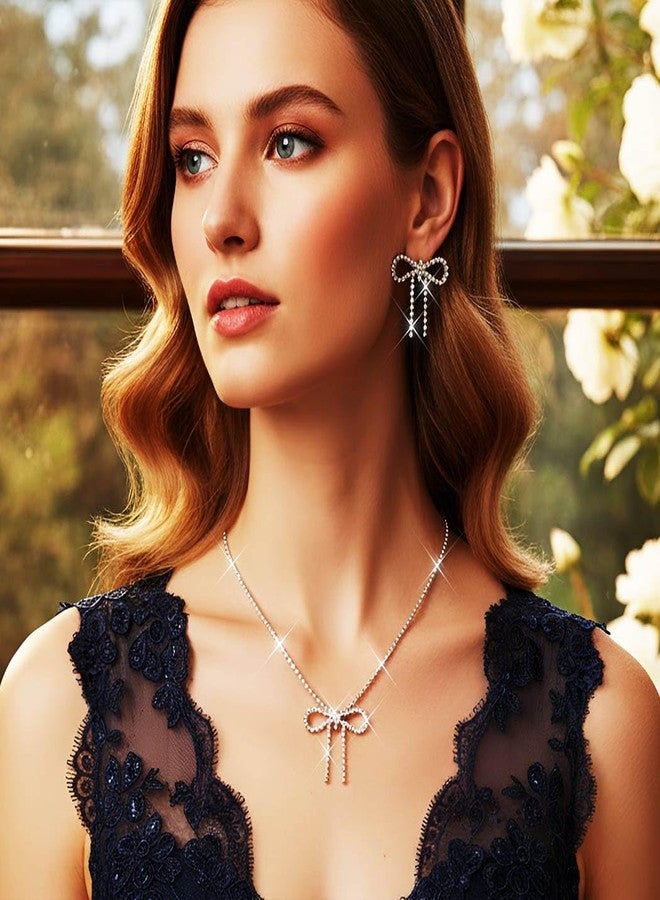 جورايس طقم مجوهرات زفاف من GORAIS مرصع بأحجار الراين على شكل فيونكة، طقم فضي مكون من قلادة وأقراط، مجوهرات أنيقة لحفلات الزفاف والمناسبات الخاصة بالنساء والعرائس - Image 3