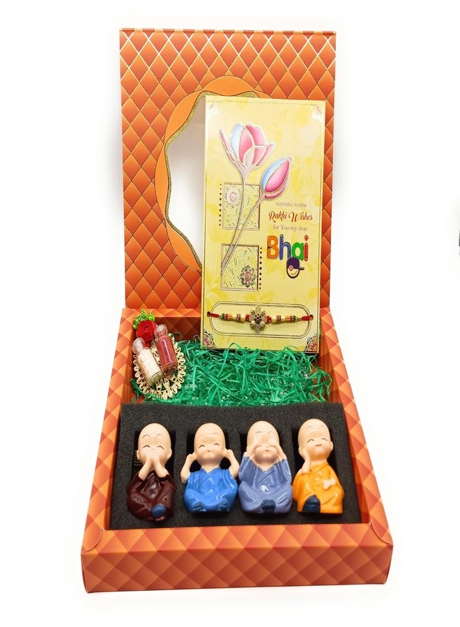 Sau Rang India Rakhi Gift Hamper for Brother - Set of 4 mini Monk, Rakhi, Roli Chawal, Greeting Card, Premium Box - Raksha Bandhan Gift for Bhai (RA232 Rakhi with Monk Set) - Image 2