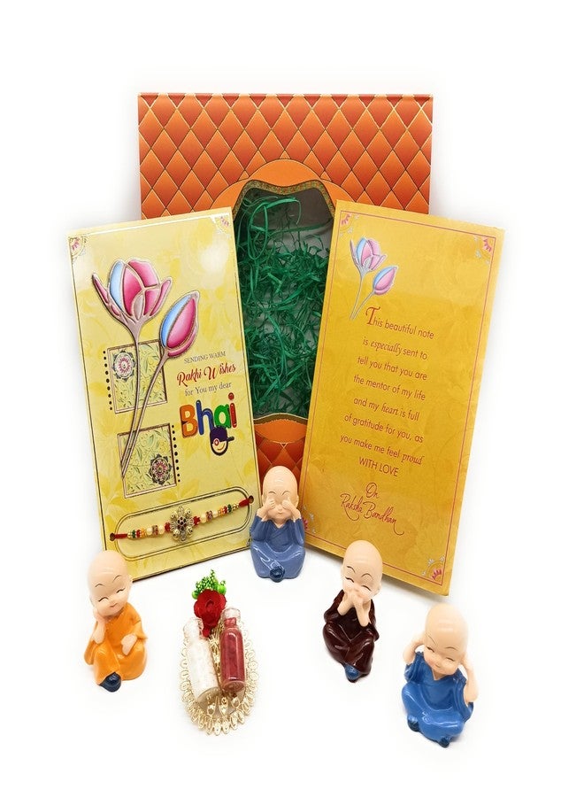 Sau Rang India Rakhi Gift Hamper for Brother - Set of 4 mini Monk, Rakhi, Roli Chawal, Greeting Card, Premium Box - Raksha Bandhan Gift for Bhai (RA232 Rakhi with Monk Set) - Image 1