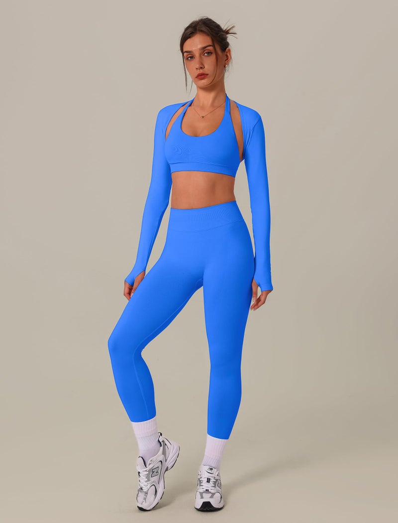 ABOCIW Workout Sets for Women 3 Piece Seamless Halter Sports Bra Scrunch Butt Lifting High Waist Leggings Long Sleeve Bolero Shrug Gym Sets Yoga Pilates Outfits 3pc Blue Small - Image 2