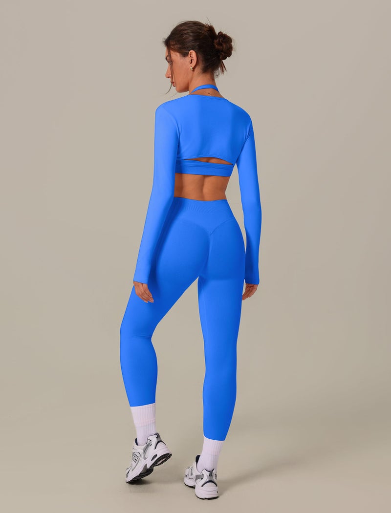 ABOCIW Workout Sets for Women 3 Piece Seamless Halter Sports Bra Scrunch Butt Lifting High Waist Leggings Long Sleeve Bolero Shrug Gym Sets Yoga Pilates Outfits 3pc Blue Small - Image 3