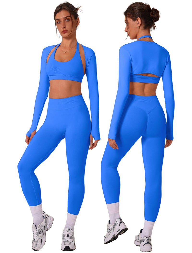 ABOCIW Workout Sets for Women 3 Piece Seamless Halter Sports Bra Scrunch Butt Lifting High Waist Leggings Long Sleeve Bolero Shrug Gym Sets Yoga Pilates Outfits 3pc Blue Small - Image 1