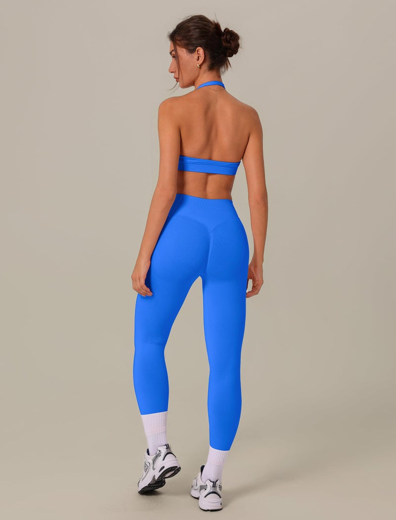 ABOCIW Workout Sets for Women 3 Piece Seamless Halter Sports Bra Scrunch Butt Lifting High Waist Leggings Long Sleeve Bolero Shrug Gym Sets Yoga Pilates Outfits 3pc Blue Small - Image 5