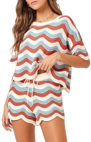 NIFTRIRY 2 Piece Sets for Women Short Sleeve Striepd Crochet Cover Up and Shorts with Drawstring Beach Vacation Clothes - Image 1