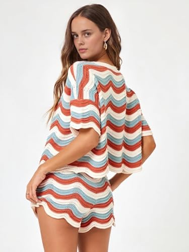 NIFTRIRY 2 Piece Sets for Women Short Sleeve Striepd Crochet Cover Up and Shorts with Drawstring Beach Vacation Clothes - Image 4