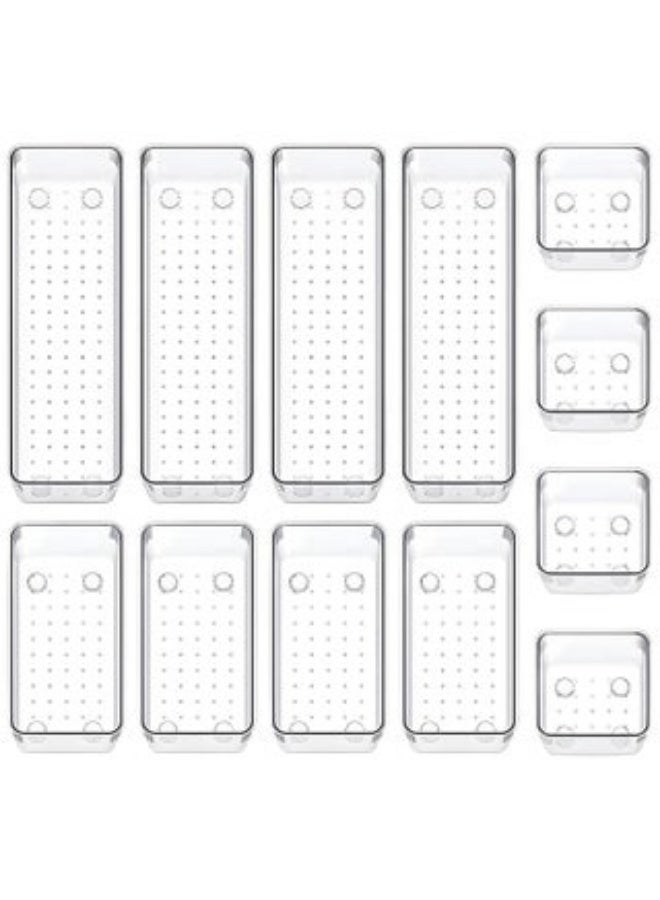 12 Piece Drawer Organizer Set, 3 Sizes Storage Drawer Units, Clear Plastic Makeup Organizer and Storage Boxes for Makeup, Stationery, and Multi-Tools for Bathroom, Office, and Bedroom - Image 1