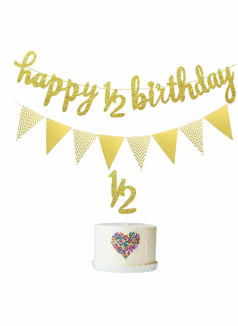 SYOSI 6 Months Banner Happy Birthday Banner Happy Birthday Banner Glitter, Cake Topper Triangle Flag Banner for Half Year Baby Shower Birthday Party Decoration - Image 3