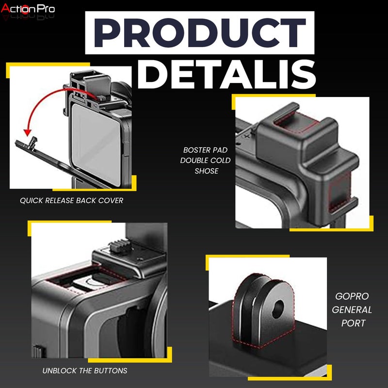 Action Pro Made in India Vlogging Case Compatible with GoPro Hero-13/12/11/10/9 Plastic Protective Frame Mount with Dual Cold Shoe Mount Ring with Basic Buckle Mount, Thumb Screw (6 Month Warrenty) - Image 4