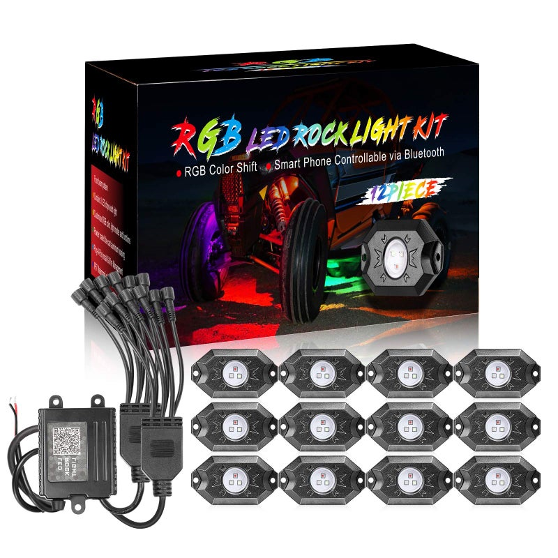 أضواء الصخور LED متعددة الألوان RGB من OFFROADTOWN مع 12 وحدة تحكم عبر تطبيق بلوتوث للسيارات والشاحنات