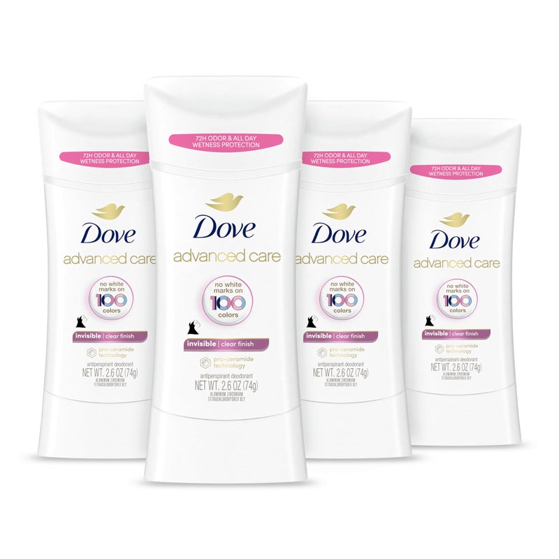 Dove Advanced Care Antiperspirant Deodorant Stick Clear Finish 4 Count deodorant that doesnâ€™t stain clothes 72-hour odor control and all-day sweat protection with Pro-Ceramide Technology 2.6 oz - Image 1