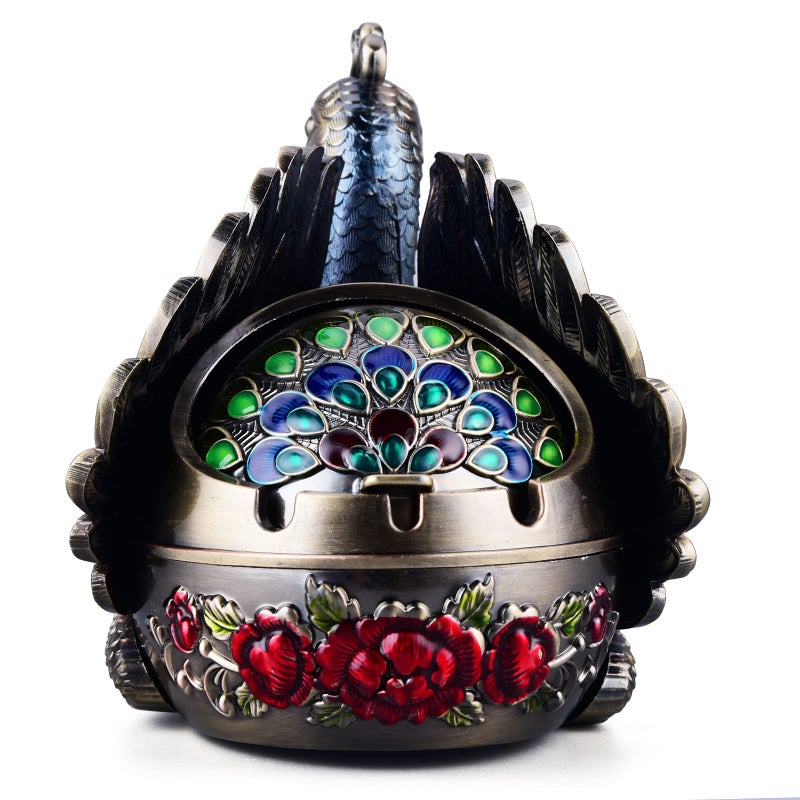 K COOL Peacock Metal Ashtray with Lid, Windproof Portable Cigarette Ashtray for Indoor or Outdoor Use, Ash Holder for Smokers, Desktop Smoking Ash Tray for Patio Porch Reception Decoration (Bronze) - Image 3