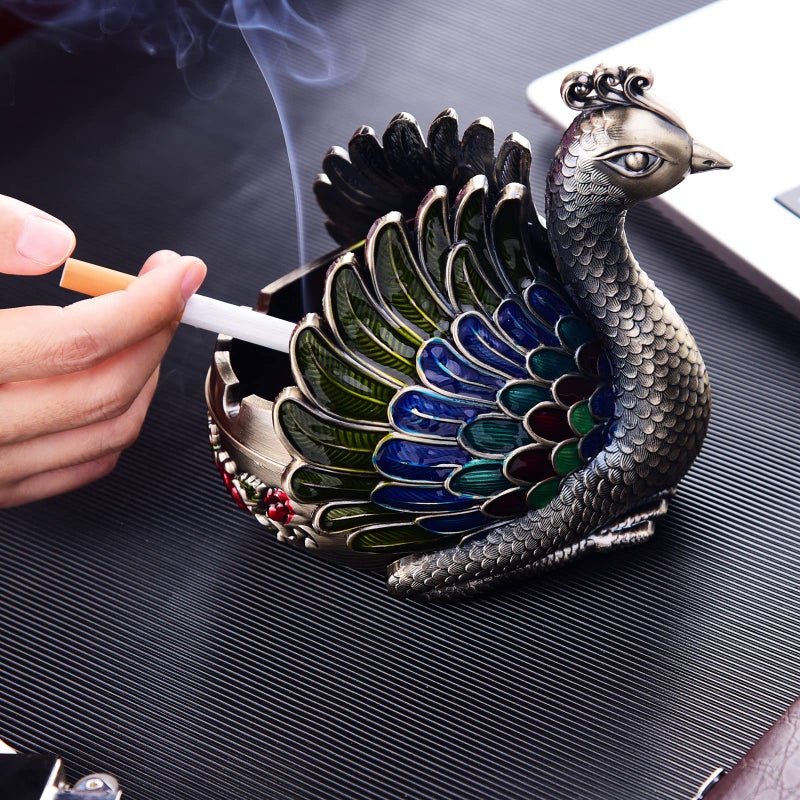 K COOL Peacock Metal Ashtray with Lid, Windproof Portable Cigarette Ashtray for Indoor or Outdoor Use, Ash Holder for Smokers, Desktop Smoking Ash Tray for Patio Porch Reception Decoration (Bronze) - Image 5