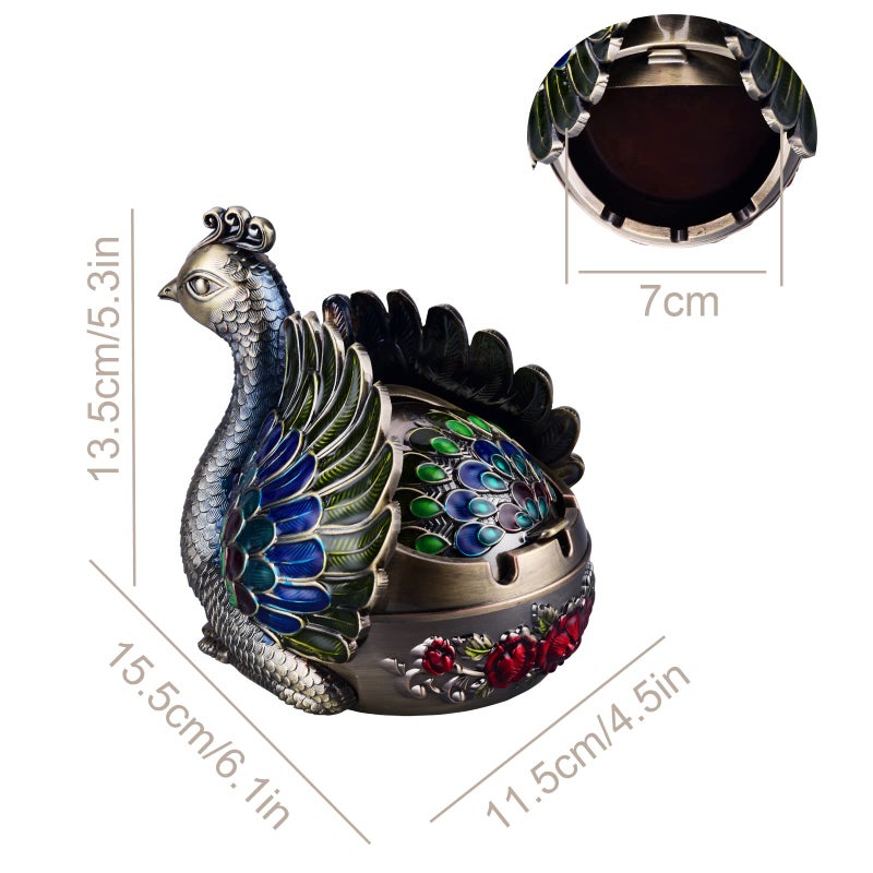 K COOL Peacock Metal Ashtray with Lid, Windproof Portable Cigarette Ashtray for Indoor or Outdoor Use, Ash Holder for Smokers, Desktop Smoking Ash Tray for Patio Porch Reception Decoration (Bronze) - Image 2