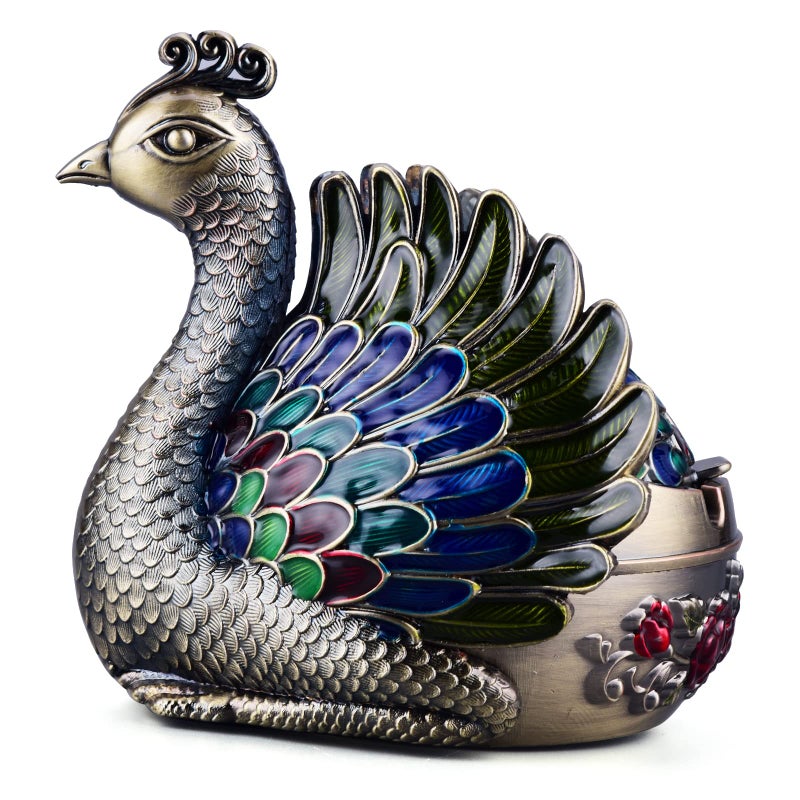 K COOL Peacock Metal Ashtray with Lid, Windproof Portable Cigarette Ashtray for Indoor or Outdoor Use, Ash Holder for Smokers, Desktop Smoking Ash Tray for Patio Porch Reception Decoration (Bronze) - Image 1