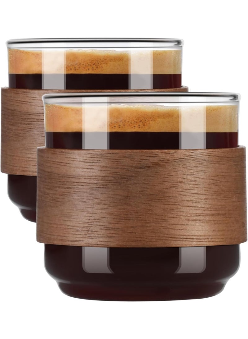 PARACITY طقم فناجين إسبريسو مكون من قطعتين مع حلقة خشبية، كوب إسبريسو زجاجي عالي الجودة سعة 5 أونصات، كوب إسبريسو صغير شفاف، ملحقات إسبريسو - Image 1