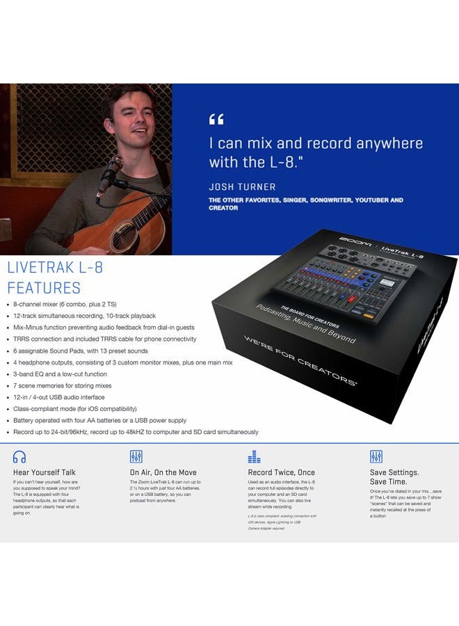 ZOOM LiveTrak L-8 Portable 8-Channel Digital Mixer and Multitrack Recorder + 2x Zoom ZDM-1 Mic with Headphones, Windscreens and Stands + Cleaning Cloth – 2 Person Podcasting Bundle - Image 3