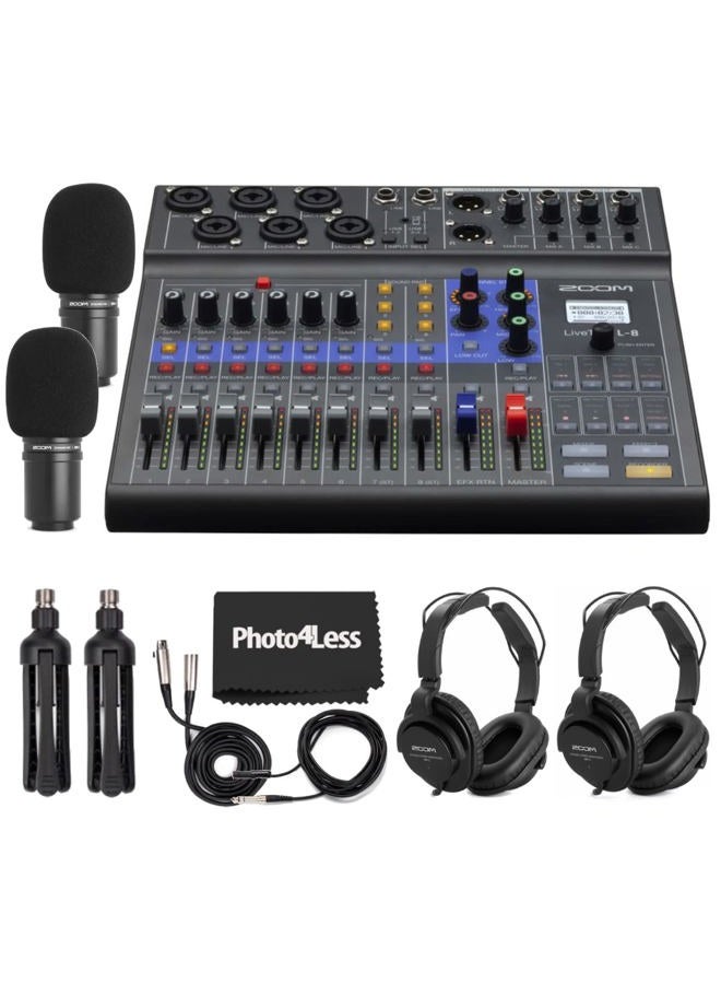 ZOOM LiveTrak L-8 Portable 8-Channel Digital Mixer and Multitrack Recorder + 2x Zoom ZDM-1 Mic with Headphones, Windscreens and Stands + Cleaning Cloth – 2 Person Podcasting Bundle - Image 1