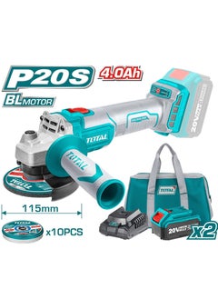 TOTAL Total Lithium-Ion Angle Grinder P20s (V20) 20V Brushless Motor, 115mm Disc, 3000/8500RPM, Includes 2x 4.0Ah Batteries, Charger & Cutting Disc Set - TAGLI2011582  - Image 1