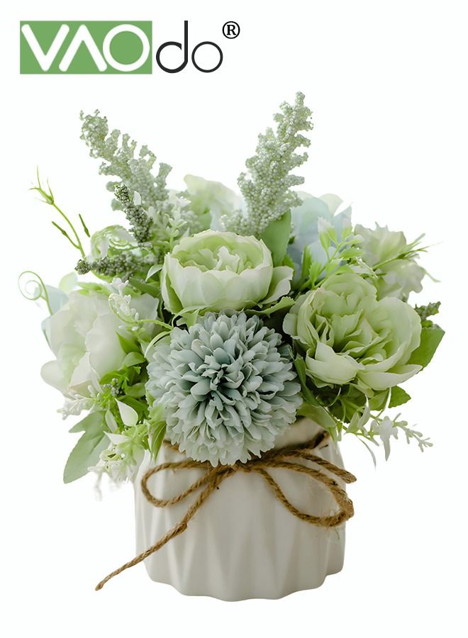 فاو دو مصغرة باقة الكوبية الاصطناعية مع زهرية صغيرة السيراميك متنوعة زهرة كرات الزهور الديكور للجدول حزب المنزل مكتب الزفاف الأخضر - Image 1