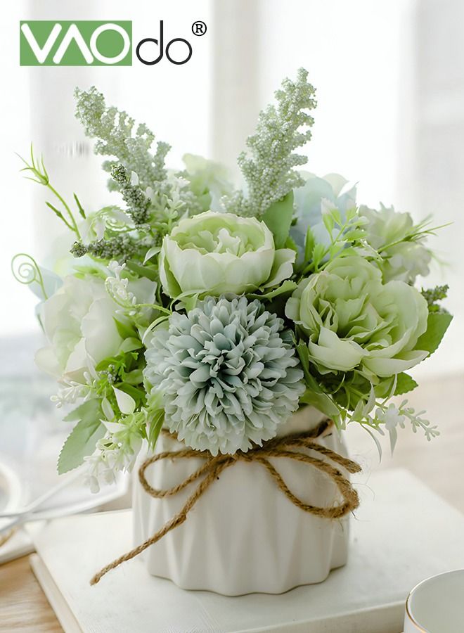 فاو دو مصغرة باقة الكوبية الاصطناعية مع زهرية صغيرة السيراميك متنوعة زهرة كرات الزهور الديكور للجدول حزب المنزل مكتب الزفاف الأخضر - Image 3