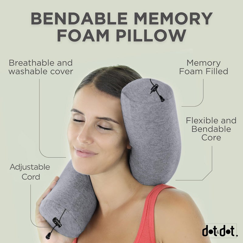 Dot&Dot Dot¨ Twist Memory Foam Travel Pillow for Airplanes - Travel Neck Pillow for Sleeping - Airplane Pillow for Neck Support, Chin, Lumbar and Leg - Adjustable, Bendable Neck Roll Pillow - Gray - Image 2