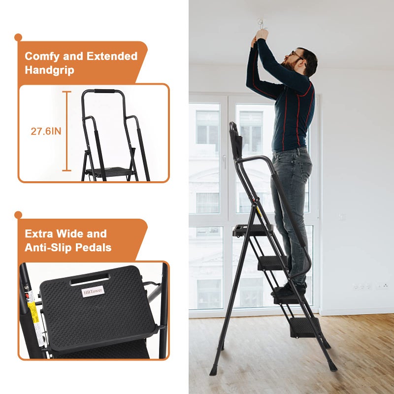 HBTower Step Ladder with Handrails, Folding Step Stool with Attachable Tool Bag & Anti-Slip Wide Pedal for Home Kitchen Pantry Office, Black - Image 2