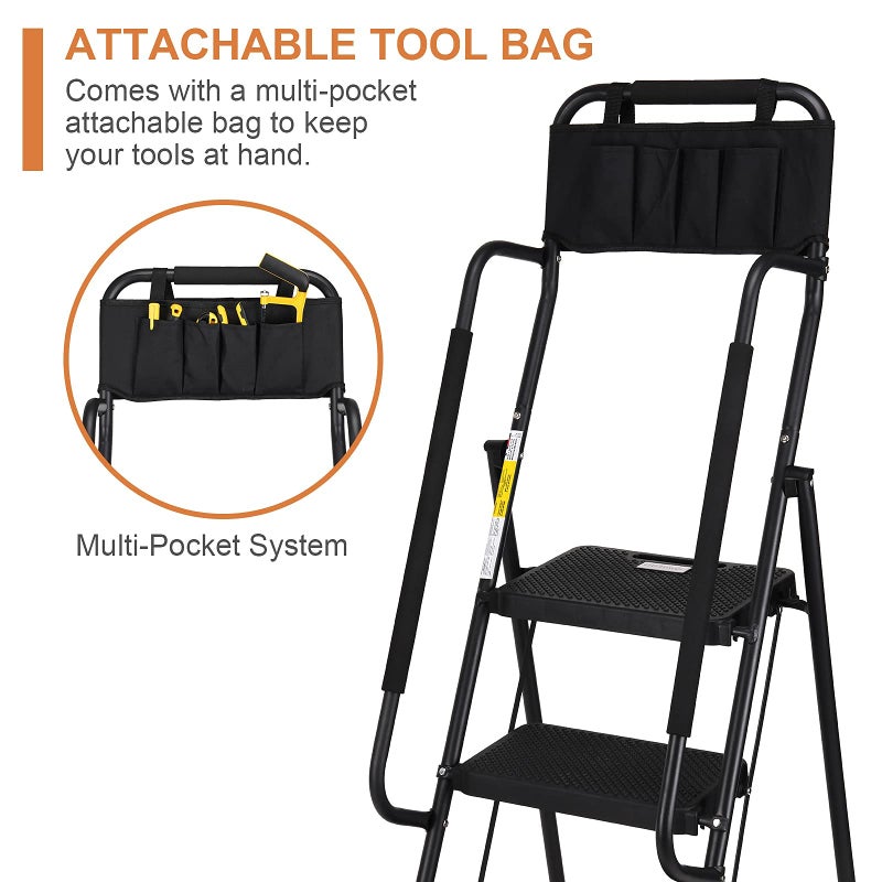 HBTower Step Ladder with Handrails, Folding Step Stool with Attachable Tool Bag & Anti-Slip Wide Pedal for Home Kitchen Pantry Office, Black - Image 3